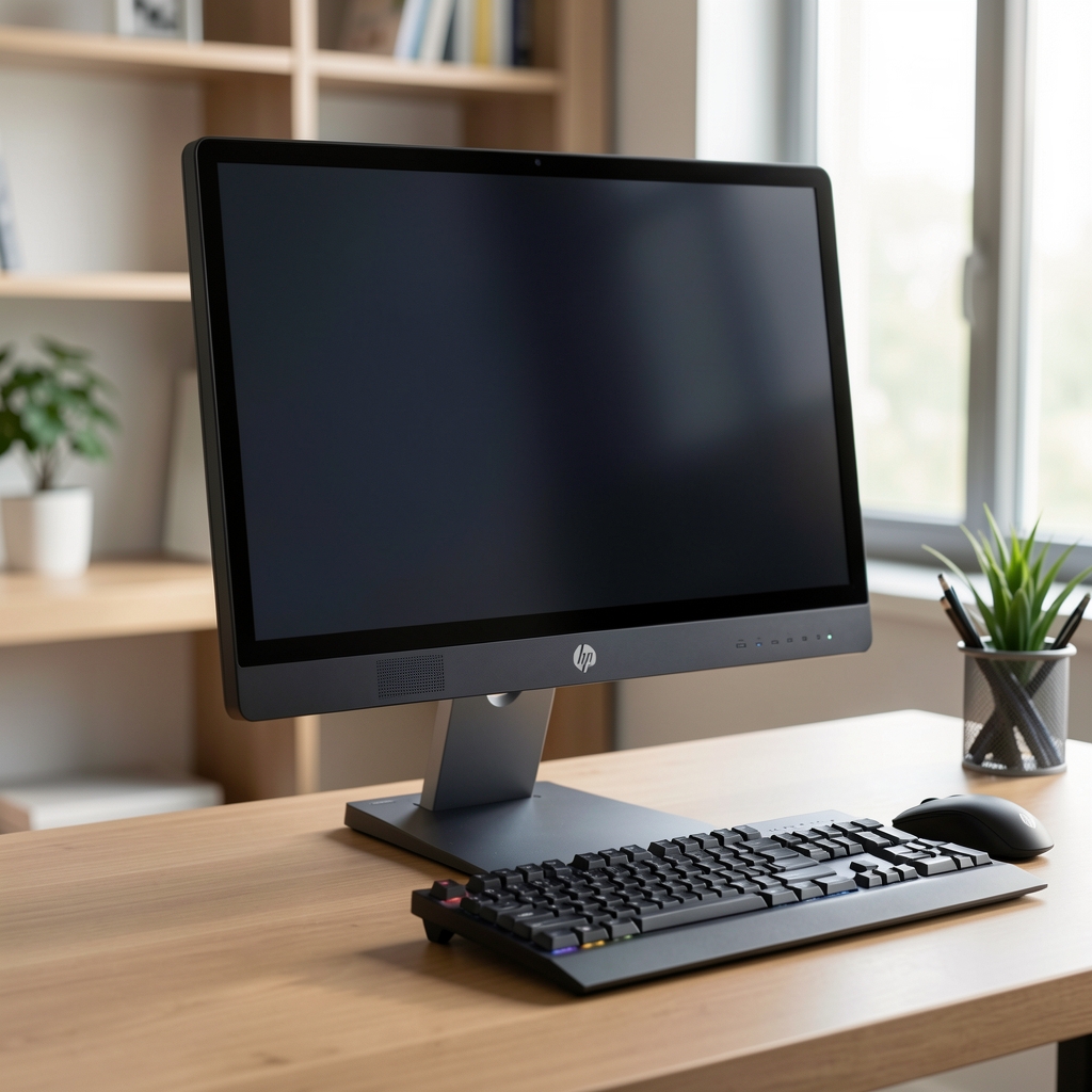 HP Elite 800 G9 All-in-One computer with large touchscreen display on adjustable stand showing professional workspace setup