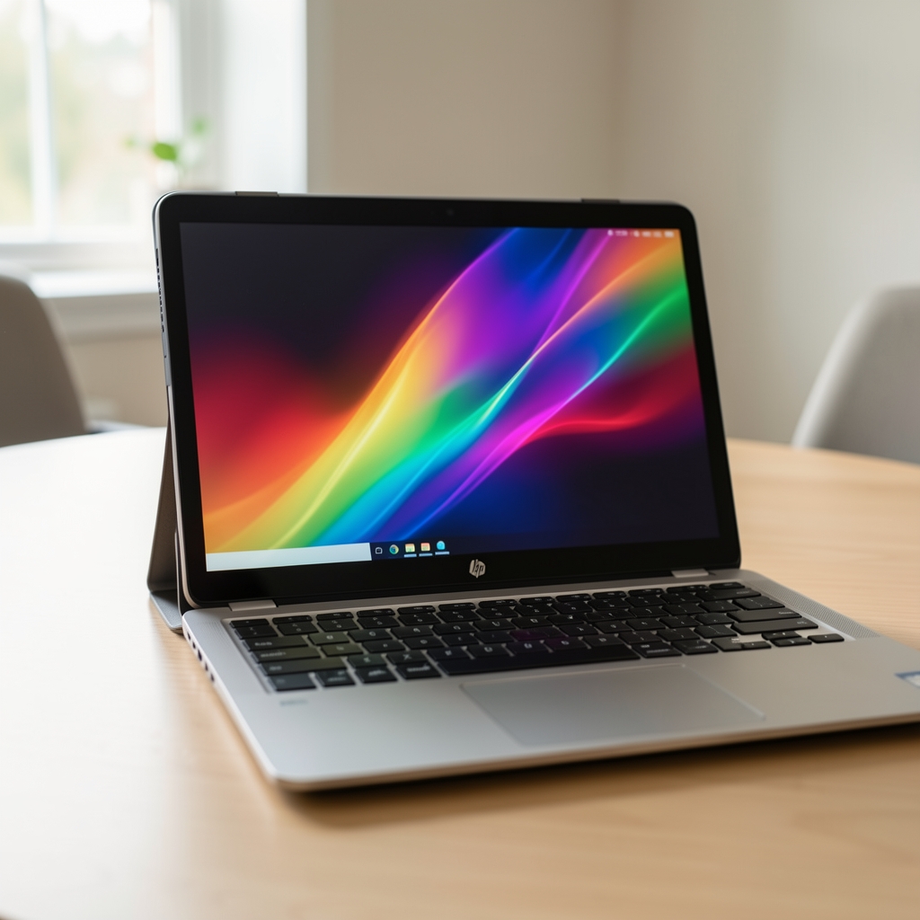 HP Spectre x360 convertible laptop being used in tablet mode showing OLED display with vivid colors