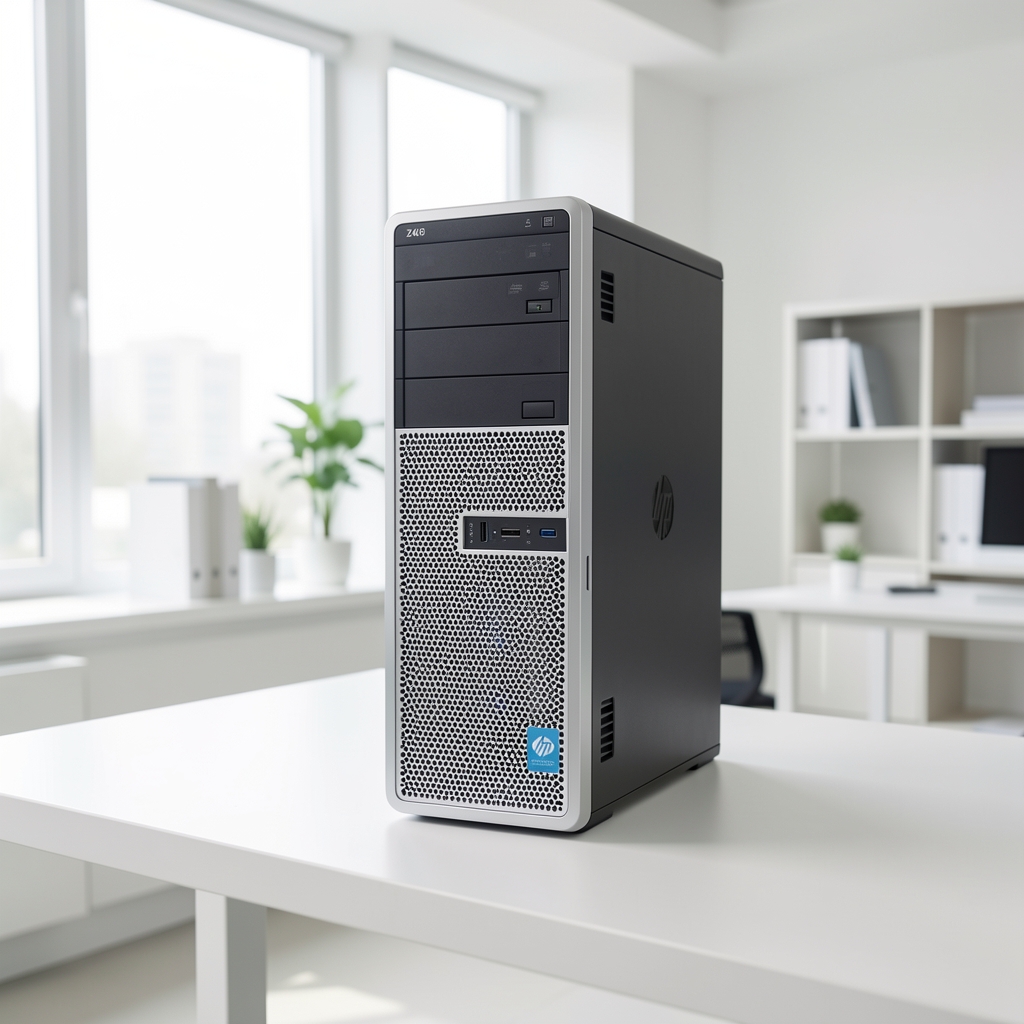 HP Z4 G5 desktop workstation with tower chassis in silver and black color standing on white surface