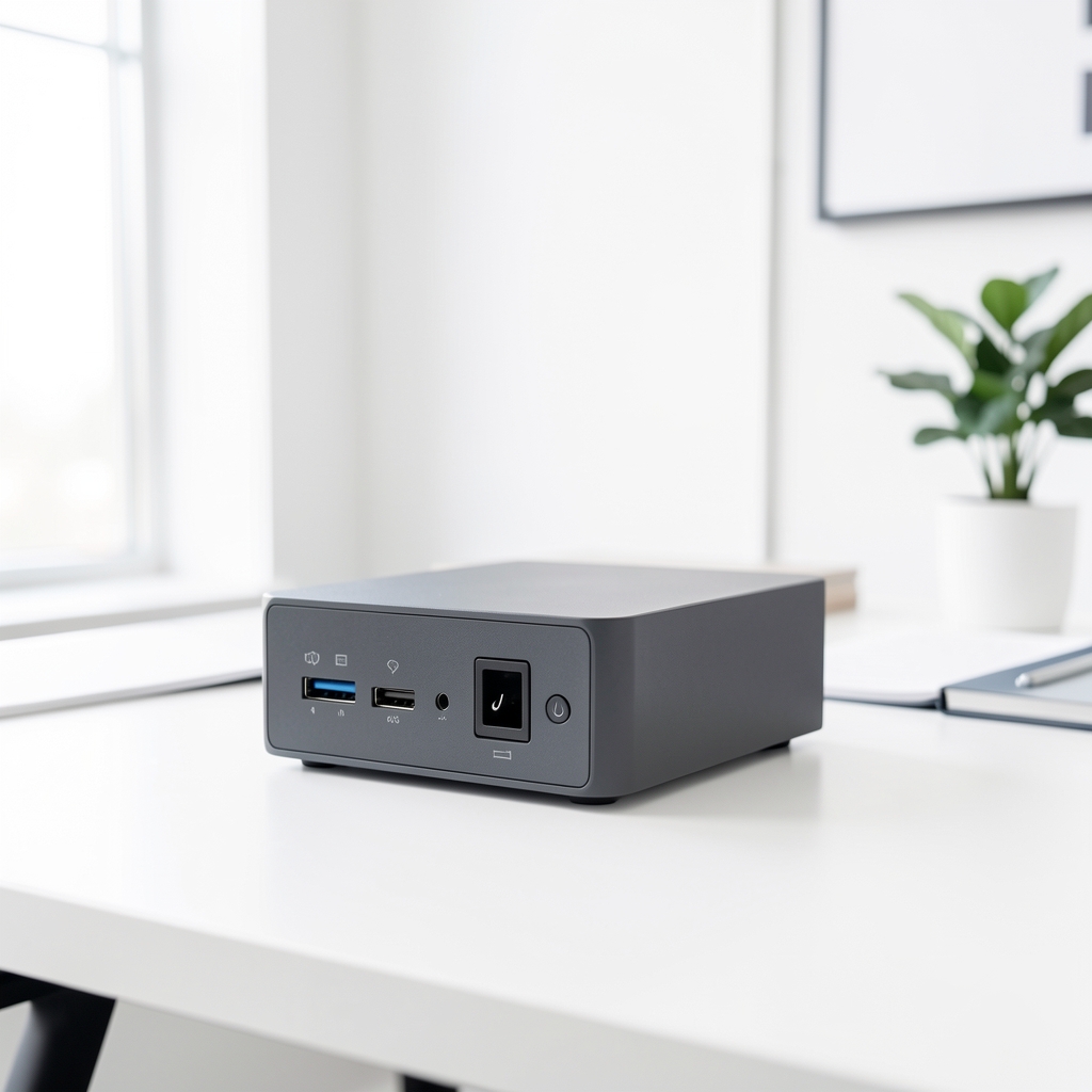 Intel NUC 13 Pro compact mini PC computer in dark gray chassis showing front ports and power button on white background
