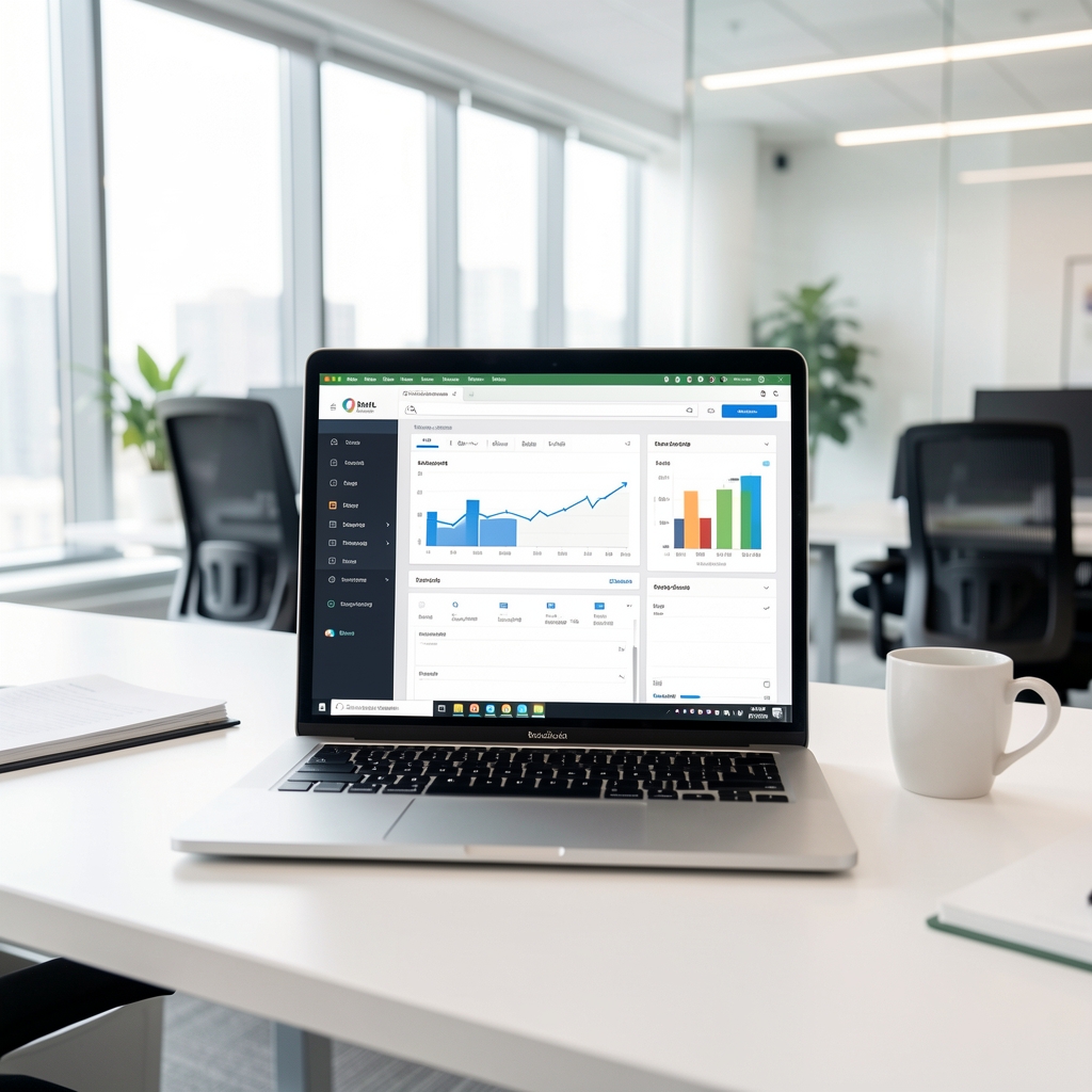 Professional business setup with open laptop on clean modern desk showing productivity software in bright modern office environment
