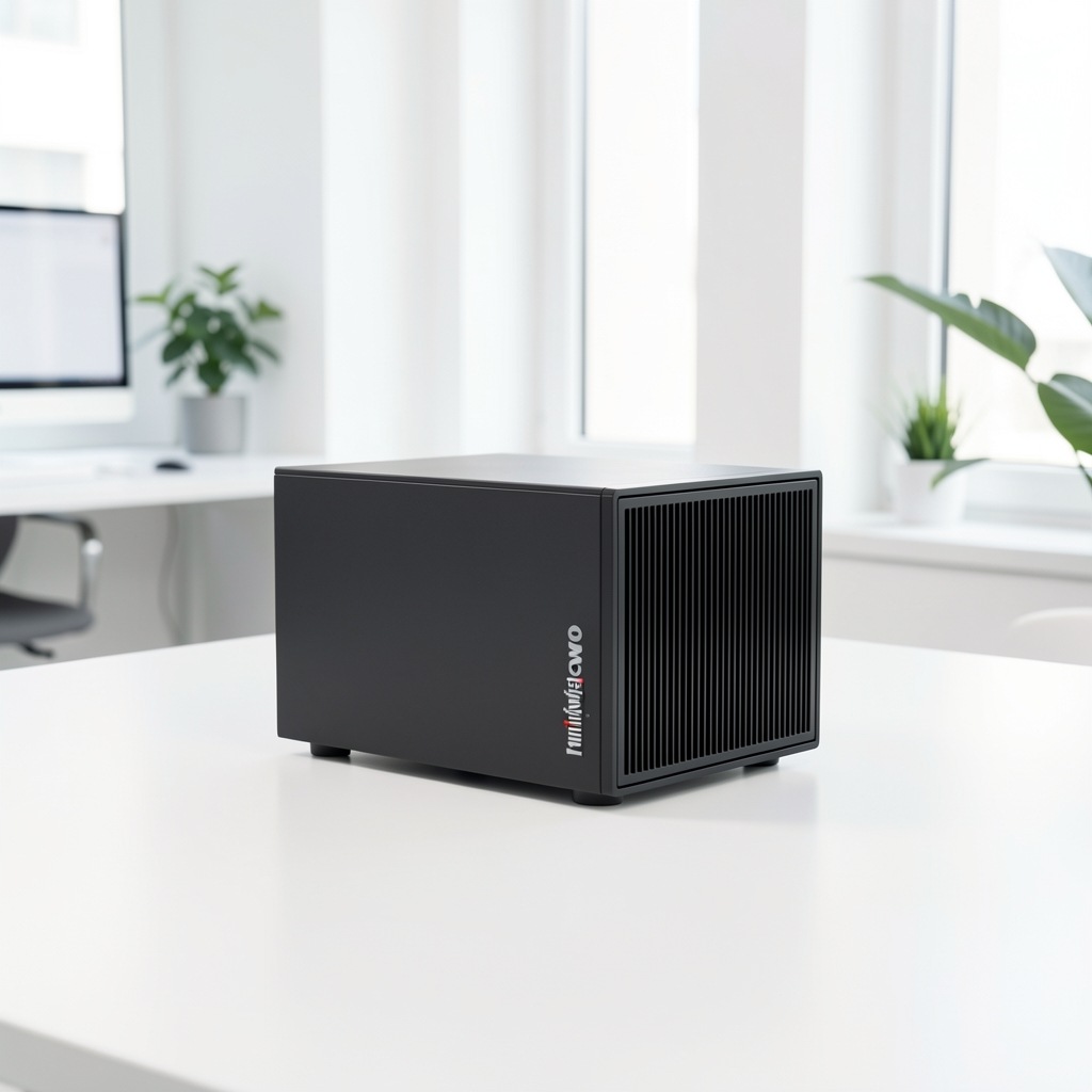 Lenovo ThinkStation P3 Ultra small form factor workstation in black with Lenovo branding isolated on white