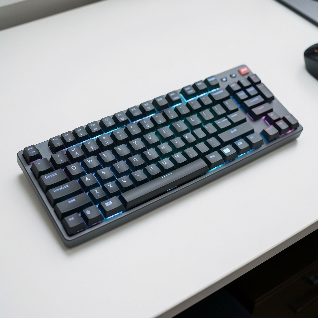 Logitech MX Keys Advanced Wireless Illuminated keyboard in dark graphite color with backlit keys shown on white desk surface