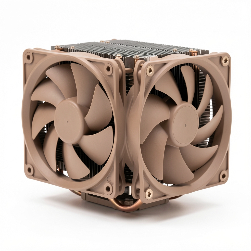 Noctua NH-D15 premium CPU air cooler with dual tower heatsink and two 140mm fans in neutral brown beige color on white background