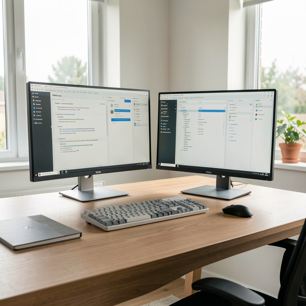 Professional workstation desk setup with dual monitors keyboard and mouse in clean modern home office with natural lighting